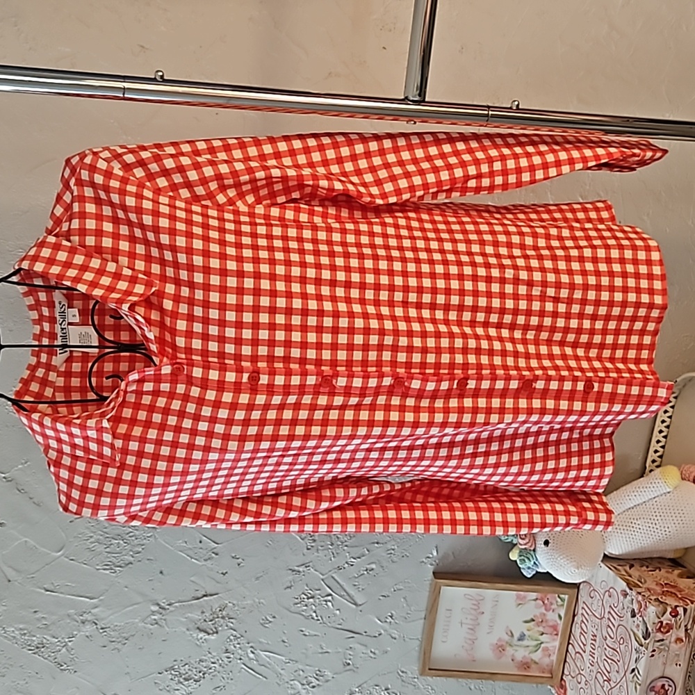WinterSilks silk/cotton blend red check button-down shirt.  Size S.